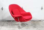 Chair, Armchair, MODERN, WOMB, CHROME LEGS, CURVED, CONTOURED, 1 REMOVEABLE CUSHION, WOOL, RED