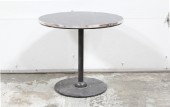 Table, Cafe, ROUND LAMINATE TOP W/FAUX MARBLE LOOK & METAL TRIM, ROUND BLACK METAL BASE, WOOD, BLACK