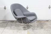 Chair, Armchair, MODERN, WOMB, CHROME LEGS, CURVED, CONTOURED, 1 REMOVEABLE CUSHION, WOOL, GREY