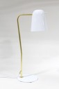 Lighting, Lamp, MODERN, BENT MATTE BRASS ARM, GLOSSY WHITE ROUNDED SHADE (ATTACHED) & ROUND BASE, METAL, WHITE