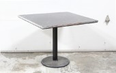 Table, Cafe, RECTANGULAR LAMINATE TOP W/FAUX MARBLE LOOK & METAL TRIM, ROUND BLACK METAL BASE, WOOD, BLACK