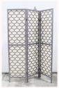 Screen, 3 Panel, 3 PANELS (EACH 1" THICK, 70.5"Hx17"W), GREY WOOD FRAME & ROUND PATTERN (1 SIDE, BACK UNFINISHED), LIGHT BROWN MESH BACKING, ROOM DIVIDER, WOOD, GREY