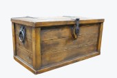 Trunk, Chest, BLACK METAL HARDWARE,RING SIDE HANDLES,LATCH FRONT, BOTTOMLESS/HOLLOW, DOES NOT OPEN , WOOD, BROWN