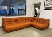 Chair, Lounge, CORNER PIECE TO SECTIONAL LOUNGE SET, CREASED / QUILTED / TUFTED / PLEATED, LOW SLUNG, PILLOW-LIKE, CURVED, ERGONOMIC, NO HARD POINTS, IN THE STYLE OF MICHEL DUCAROY'S TOGO FOR LIGNE ROSET, LEATHER, BROWN