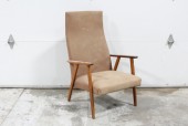 Chair, Armchair, MID-CENTURY MODERN,WOOD ARMS, BROWN CANVAS SEAT W/HIGH BACK, SLIGHTLY AGED/WORN, FABRIC, BROWN