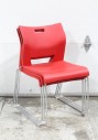 Chair, Stackable, MOLDED SEAT W/CUTOUTS, LINES & SQUARED BACK, CHROME CONNECTED / SLED LEGS, ARMLESS, HIGH-DENSITY NESTING, MANUFACTURED IN 2013, PLASTIC, RED