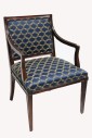 Chair, Armchair, TRADITIONAL, DARK STAINED WOOD LEGS & ARMS, BLUE & GOLD PATTERN, FABRIC, BLUE