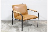 Chair, Armchair, BROWN LEATHER SEAT & BACK, LIGHT BROWN WOOD ARMS, METAL FRAME W/BLACK FINISH, LEATHER, BROWN