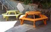 Table, Picnic, HEXAGONAL, 6 SIDES, OUTDOOR PUBLIC EVENT / PARK STYLE GROUP SEATING, SEATS AT LEAST 6, WOOD SLAT / PLANK BENCH SEATS & TABLE TOP - These Tables Are Allowed To Be Painted & May Not Be As Shown, WOOD