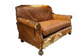 Sofa, Loveseat, ANTIQUE COUCH, ROLL ARM, TACK TRIM, RIPPED, WORN, COMING UNSTUFFED, WATER DAMAGED, EXPOSED BURLAP & SPRINGS, AGED (Stock Photo Only, Condition Not Identical), LEATHER, BROWN