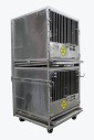 Cage, Laboratory, DOUBLE UNIT W/LARGE/PRIMATE SIZED LAB ANIMAL CAGES W/FOOD BOWLS, HINGED DOORS, ROLLING , STAINLESS STEEL, SILVER