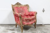 Chair, Armchair, ANTIQUE VICTORIAN ARMCHAIR, ORNATE WOOD FRAME, VERY DISTRESSED & RIPPED, STUFFING EXPOSED BUT FRAME INTACT, SILK, PINK