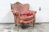 Chair, Armchair, ANTIQUE VICTORIAN ARMCHAIR, ORNATE WOOD FRAME, VERY DISTRESSED & RIPPED, STUFFING EXPOSED BUT FRAME INTACT, SILK, PINK