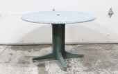 Table, Misc, INDOOR / OUTDOOR, ROUND 42" DIAMETER TOP W/UMBRELLA HOLE, FAUX MARBLE LOOK, LEGS CONNECTED AT POST W/SPLAYED FEET, PLASTIC, GREEN