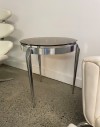 Table, Side, VINTAGE OCCASIONAL / END TABLE, ROUND FLOATING SMOKED GLASS TOP, REFLECTIVE CHROME FRAME W/3 TAPERED LEGS, CHROME, SILVER