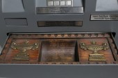 Store, ATM, CASH/BANK MACHINE,STANDING,DEBIT CARD SLOT, PIN PAD, DRAWER W/SECRET WOOD & BRASS ANCIENT LOOKING COMPARTMENT - (See Photos For Closeup, Not Visible When Closed) , METAL, GREY