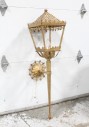 Lighting, Wallmount, EXTERIOR, ANTIQUE / OLD STYLE LANTERN FIXTURE W/PERFORATED & POINTED TOP, WALLMOUNT W/MEDALLION SHAPED MOUNT, RUST, AGED, PLUG ADDED / ELECTRIFIED - Not Guaranteed To Work, METAL, BRASS