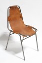 Chair, Stackable, BROWN LEATHER SEAT, RIVETED STRAPS HOLD SEAT TO TUBULAR METAL FRAME, IN THE STYLE OF "LES ARCS" BY CHARLOTTE PERRIAND, LEATHER, BROWN