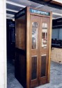 Phone, Booth, REPRODUCTION / REPLICA 1930 INDOOR WOODEN PHONE BOX KIOSK, OAK, GLASS PANELED WINDOWS & FOLDING DOOR, PUBLIC, INTERIOR, "TELEPHONE" SIGN, ROLLING - Shown W/Mounted Phone - Phones Rent Separately, WOOD, BROWN