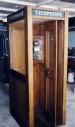 Phone, Booth, REPRODUCTION / REPLICA 1930 INDOOR WOODEN PHONE BOX KIOSK, OAK, GLASS PANELED WINDOWS & FOLDING DOOR, PUBLIC, INTERIOR, "TELEPHONE" SIGN, ROLLING - Shown W/Mounted Phone - Phones Rent Separately, WOOD, BROWN