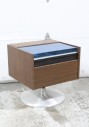 Audio, Record Player, VINTAGE RECORD PLAYER / TURNTABLE & AM / FM STEREO UNIT, ROUND BRUSHED ALUMINUM PEDESTAL BASE, BLUE PLEXI DUST COVER, BROWN WOOD CABINET, WOOD, BROWN