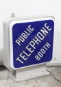 Sign, Telephone, "PUBLIC TELEPHONE BOOTH" IN WHITE W/DARK BLUE (FRONT), WHITE PHONE GRAPHIC ON LIGHT BLUE (BACK, SEE PHOTOS), CAN BE MOUNTED & WIRED TO ILLUMINATE, MEASUREMENTS AS SHOWN, JUST SIGN IS 20 x 20", PUBLIC PAY PHONE - Photos Show Sign Mounted To Booth Top, PLASTIC, BLUE