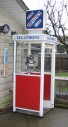 Sign, Telephone, "PUBLIC TELEPHONE BOOTH" IN WHITE W/DARK BLUE (FRONT), WHITE PHONE GRAPHIC ON LIGHT BLUE (BACK, SEE PHOTOS), CAN BE MOUNTED & WIRED TO ILLUMINATE, MEASUREMENTS AS SHOWN, JUST SIGN IS 20 x 20", PUBLIC PAY PHONE - Photos Show Sign Mounted To Booth Top, PLASTIC, BLUE