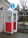 Sign, Telephone, ROUND SIGN W/WHITE PHONE GRAPHIC ON LIGHT BLUE, OFFSET FROM CENTRE / SIDE MOUNT, CAN BE MOUNTED & WIRED TO ILLUMINATE, PUBLIC PAY PHONE - Photos Show Sign Mounted To Booth Top, PLASTIC, BLUE