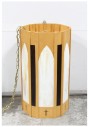 Lighting, Hanging, TRADITIONAL PENDANT FIXTURE FROM A CHURCH, MULTI SIDED WOOD FRAME W/CUTOUT CROSSES, ARCHED / POINTED WHITE GLASS PANELS, CHAIN FOR HANGING, WOOD, BROWN