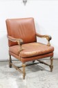 Chair, Armchair, TACK TRIM, CARVED ARMS & TURNED LEGS W/CROSS SUPPORT, DISTRESSED/AGED BROWN LEATHER SEAT, LEATHER, BROWN