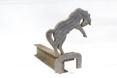 Fireplace, Firedog, ANDIRON, MADE FROM RAILROAD BAR, REARING HORSE, WESTERN, BLACKSMITH, FORGED, OLD STYLE / ANTIQUE, IRON, BLACK