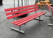 Bench, Slat Back, 7.5FT, PUBLIC / PARK STYLE, REDDISH BROWN WOOD SLAT SEAT & BACK, NO ARMS, TUBULAR GREY METAL LEGS & BAR FEET - Stored In Yard, Condition Not Identical To Photo, WOOD, RED