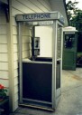 Phone, Booth, FULL SIZE 7FT OUTDOOR PUBLIC / STREET FREESTANDING TELEPHONE BOOTH, BROWN SKIRT, CIRCA 1960 - Phones Rent Separately, METAL, GREY