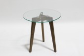Table, Side, MODERN, WALNUT, 3 LEGS, ROUND GLASS TOP, GLASS, CLEAR