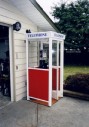 Phone, Booth, FULL SIZE 7FT OUTDOOR PUBLIC / STREET FREESTANDING TELEPHONE BOOTH, RED SKIRT, CIRCA 1960 - Phones Rent Separately, METAL, WHITE