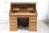 Desk, Wood, ANTIQUE ROLL TOP DESK, DOUBLE PEDESTAL, CIRCA 1900-1920, MADE IN IRELAND, WOOD, BROWN