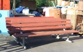 Bench, Slat Back, 7.5FT, PUBLIC / PARK STYLE, REDDISH BROWN WOOD SLAT SEAT & BACK, NO ARMS, TUBULAR GREY METAL LEGS & BAR FEET - Stored In Yard, Condition Not Identical To Photo, WOOD, RED