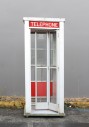 Phone, Booth, FULL SIZE 7FT OUTDOOR PUBLIC / STREET FREESTANDING TELEPHONE BOOTH, RED SKIRT / PANEL & SIGNAGE, CIRCA 1960 - Phones Rent Separately, METAL, GREY