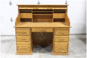Desk, Wood, ROLL TOP DESK, DOUBLE PEDESTAL, CIRCA EARLY 80s, ONE KEY, WOOD, BROWN
