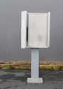 Phone, Payphone, ALUMINUM, INDOOR, FREESTANDING PEDESTAL BOOTH, MOUNT IS ON SIDE, PERFORATED PANEL,  ASYMMETRICAL, CIRCA 1985, PUBLIC, INTERIOR - Phones Rent Separately, METAL, SILVER