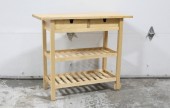 Table, Kitchen, PINE, KITCHEN OR UTILITY CART, 2 DRAWERS W/2 LOWER SLATTED SHELVES, SQUARE LEGS, ROLLING, USED, AGED - Condition & Wheels Not Identical On Both, WOOD, BROWN