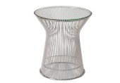 Table, Side, MODERN, WIRE BASE, WELDED CURVED STEEL RODS IN CIRCULAR FRAME, CHROME FINISH, ROUND GLASS TOP, GLASS, CLEAR