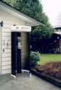 Phone, Booth, CURVED PLEXIGLAS OUTDOOR PUBLIC TELEPHONE BOOTH, WHITE UPPER SIGN PANEL, ROUND GALVANIZED BASE, CIRCA 1970 - Phones Rent Separately, PLEXIGLASS, BLACK