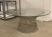 Table, Coffee Table, MODERN, WIRE BASE, WELDED CURVED STEEL RODS IN CIRCULAR FRAME, CHROME FINISH, ROUND GLASS TOP, IN THE STYLE OF WARREN PLATNER, GLASS, CLEAR