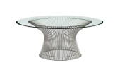 Table, Coffee Table, MODERN, WIRE BASE, WELDED CURVED STEEL RODS IN CIRCULAR FRAME, CHROME FINISH, ROUND GLASS TOP, IN THE STYLE OF WARREN PLATNER, GLASS, CLEAR