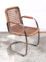 Chair, Rattan, VINTAGE, RUSTIC MID CENTURY, WOVEN SQUARE SEATING AND BACKING, CANTILEVER FRAME, POLISHED WOODEN CAPS ON ARMRESTS, WICKER, BROWN