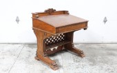 Desk, Wood, REPRODUCTION, CIVIL WAR ERA (CIRCA 1850s) HOUSE OF REPRESENTATIVES DESK, CONGRESSIONAL, CARVED INCL SHIELD W/STARS & STRIPES, CHERRY FINISH, HINGED FLIP TOP, ANGLED LEATHER WRITING TOP, RECEPTION, LATTICE FRONT, SCROLLED LEGS, USA / AMERICAN HISTORY, WOOD, BROWN