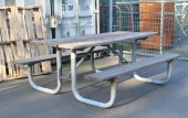 Table, Picnic, 6FT, COMMERCIAL GRADE OUTDOOR PUBLIC EVENT OR PARK STYLE, BROWN WOOD SLAT / PLANK SEAT & TABLE TOP, TUBULAR GREY METAL CONNECTED LEGS - Stored In Yard, Condition Not Identical To Photo, WOOD, BROWN