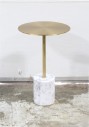 Table, Side, ACCENT TABLE OR STAND, ROUND 12.5" TOP & POST W/BRUSHED BRASS FINISH, HEAVY CYLINDRICAL WHITE MARBLE BASE W/LIGHT GREY VEINS, MARBLE, BRASS