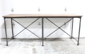 Table, Work, ANTIQUE / RUSTIC FINISH, OLD STYLE, PLAIN BROWN RECTANGULAR TOP, 6 LEG METAL FRAME W/CROSSBARS, ROLLING, WOOD, BROWN